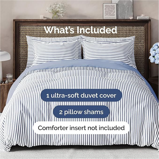 Duvet Cover King Size Set - Extra Soft King Duvet Cover 104" x 90" with 2 Pillow Shams - Hotel Luxury, Easy Care & Fade Free with Zipper Closures & Ties - All Season, Comfy & Breathable (Blue Stripes)
