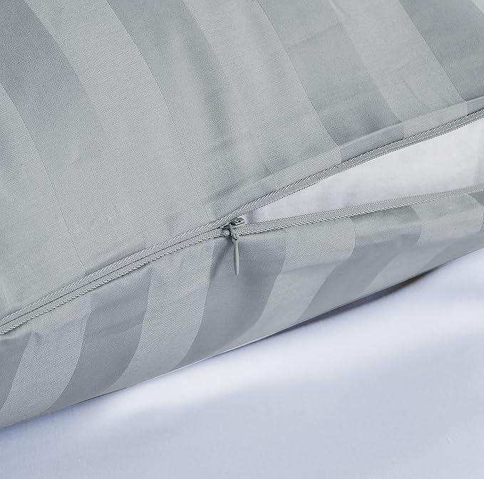 100% Egyptian Cotton Pillow Protectors Set of 2, 400 Thread Count Sateen Weave Cooling Pillowcase, Easy Care Zippered Style Pillow Covers (Stripe-Gray, Queen)