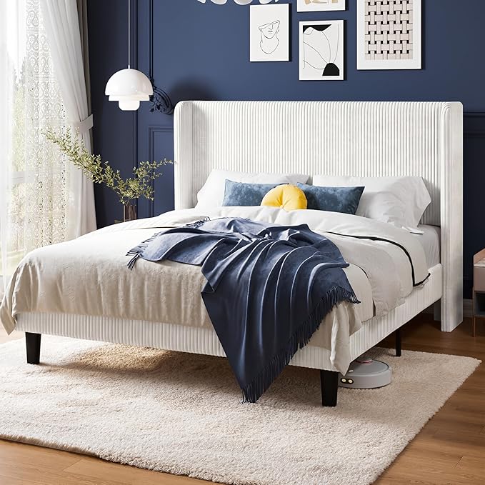 Allewie Queen Size Bed Frame with Upholstered Wingback Headboard, Vertical Channel Tufted Corduroy Velvet Platform Bed, Strong Wooden Slats Support, No Box Spring Needed, Easy Assembly, Sturdy, White