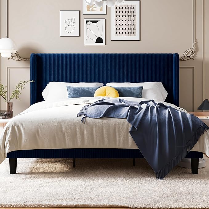 Allewie King Size Bed Frame with Upholstered Wingback Headboard, Vertical Channel Tufted Corduroy Velvet Platform Bed, Strong Wooden Slats Support, No Box Spring Needed, Easy Assembly, Dark Blue