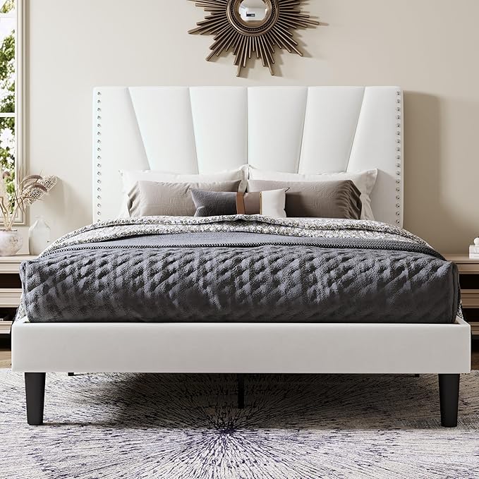 Allewie Full Size Bed Frame with Adjustable Velvet Upholstered Headboard, Rivet-Style Nailhead Trim Detail Platform Bed Frame, Wooden Slat Support, No Box Spring Needed, Easy Assembly, White