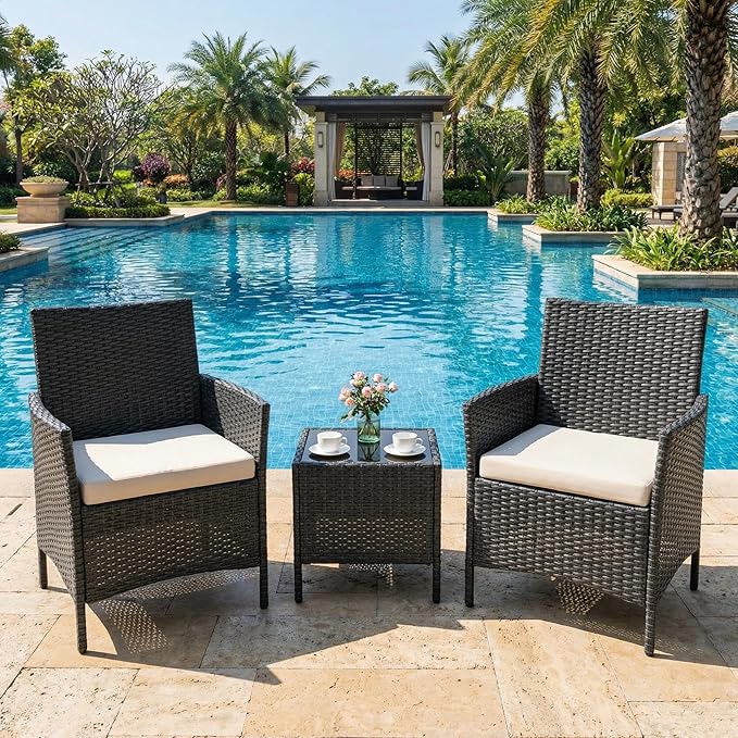 GarveeHome 3-Piece Patio Bistro Set, PE Rattan Outdoor Conversation Furniture with 2 Cushioned Chairs & Coffee Table, Weather-Resistant for Backyard, Balcony, Porch (Beige Cushion)