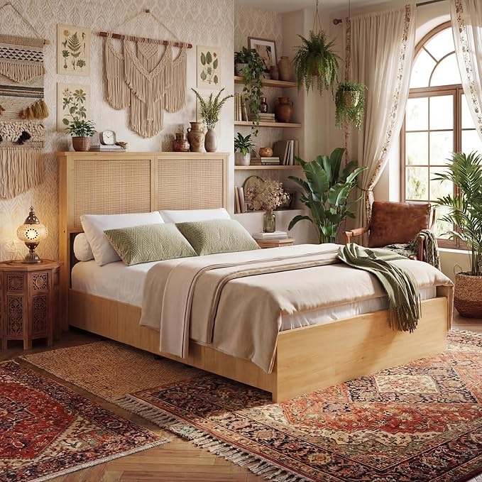 IDEALHOUSE Rattan Full Bed Frame with 4 Storage Drawer, LED Lights & Natural Rattan Headboard, Wood Full Size Bed Frame with Sturdy Wood Foundation, No Box Spring Needed, Natural