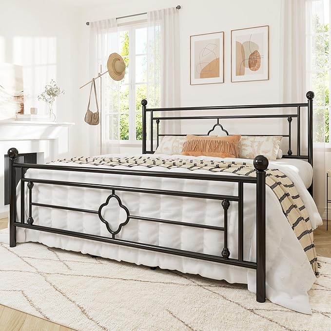 Allewie King Size Metal Platform Bed Frame with Victorian Vintage Headboard and Footboard/Mattress Foundation/Under Bed Storage/No Box Spring Needed/Noise-Free/Easy Assembly, Black