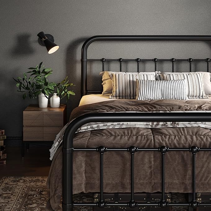 Allewie Full Size Metal Platform Bed Frame with Victorian Style Wrought Iron-Art Headboard/Footboard, No Box Spring Required, Black