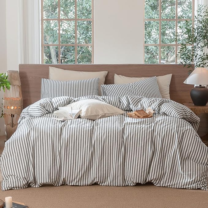 MooMee Striped Duvet Cover Set 100% Washed Cotton Linen Like Textured Breathable Durable Soft Comfy (Dark Grey White Classic Stripes, Super King 108"x98")