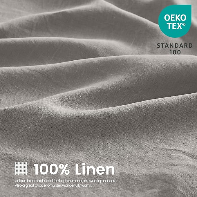 Simple&Opulence 100% Linen Duvet Cover Set 3pcs Basic Style Natural French Washed Flax Solid Color Soft Breathable Farmhouse Bedding with Button Closure - Dove Grey, Queen