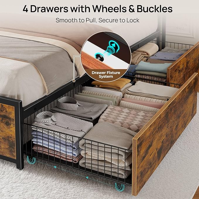 Rolanstar Queen Bed Frame with 4 Storage Drawers, Charging Station and LED Lights, Metal Platform Bed with 2-Tier Storage Headboard, No Box Spring Needed, Easy Assembly, Noise-Free, Rustic Brown