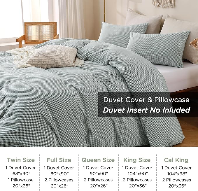 TOCOMOA Mini Gingham Green Duvet Cover Bedding Set 100% Washed Cotton Like Linen Feel Super Soft Comfortable 3 Piece Small Plaid Checkered Comforter Cover Set (King 104"x90", Comforter Not Included)