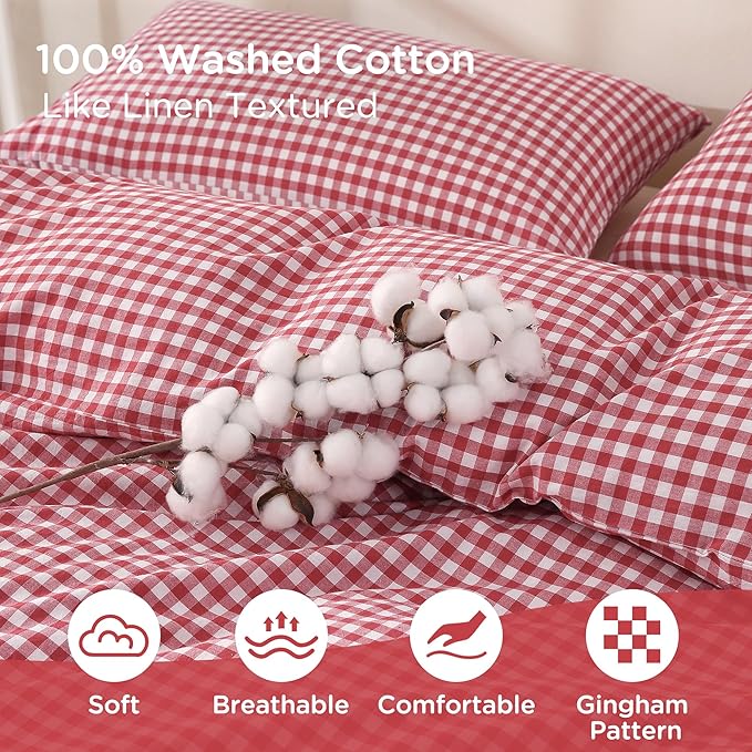TOCOMOA Red Gingham Duvet Cover Bedding Set 100% Washed Cotton Like Linen Feel Super Soft Comfortable 3 Piece Cute Plaid Checkered Comforter Cover Set (Queen 90"x90", Comforter Not Included)