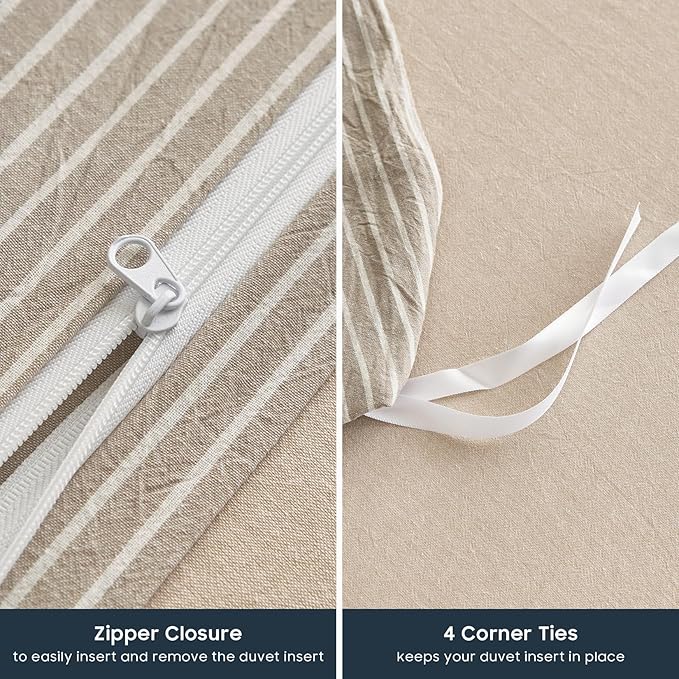 Wake In Cloud - Striped Cotton Duvet Cover Set, 100% Washed Cotton Textured Percale Bedding Set, Ticking Stripe Pinstripe Farmhouse, 3 Pieces, Tan, Twin Size