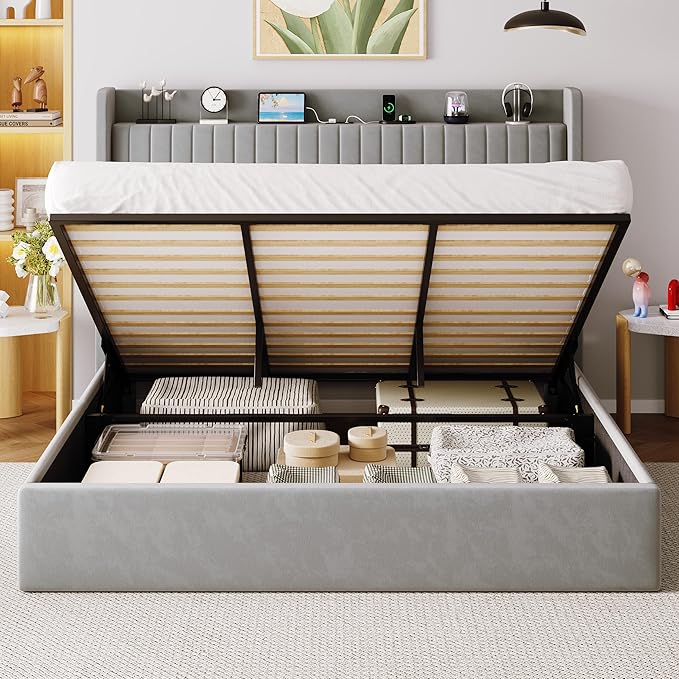 Allewie King Size Lift Up Storage Bed Frame,Storage Shelf Headboard with Charging Station,Type-C and USB Ports,Hydraulic Support,Velvet Upholstered Bed Frame,No Box Spring Needed,Grey