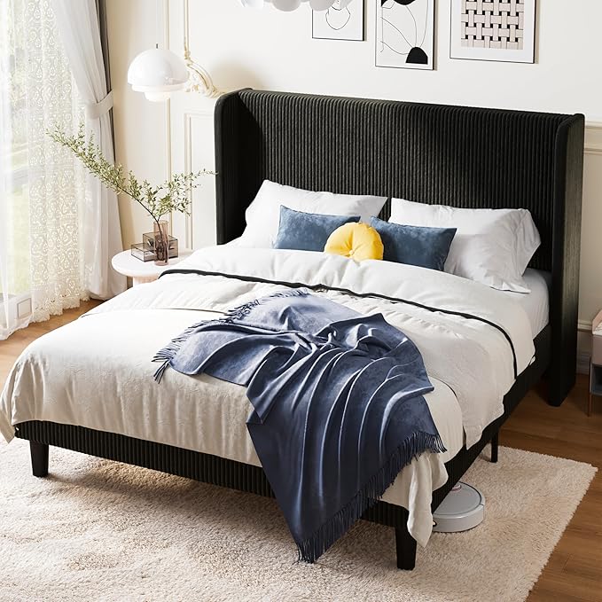Allewie Full Size Bed Frame with Upholstered Wingback Headboard, Vertical Channel Tufted Corduroy Velvet Platform Bed, Strong Wooden Slats Support, No Box Spring Needed, Easy Assembly, Sturdy, Black