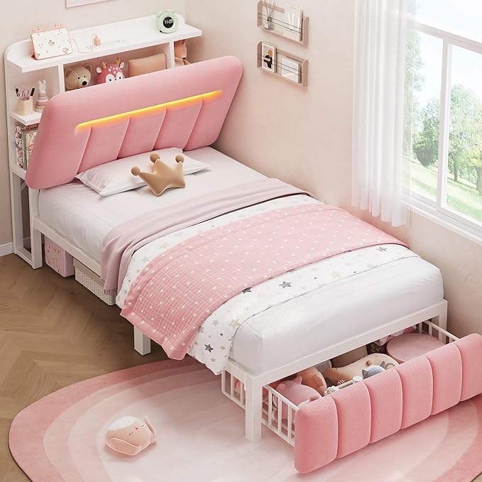 Twin Bed Frames with Storage Headboard for Kids/Girls, Upholstered Black Bed Frame Twin Size with Storage Drawers and Charging Station,Velvet Platform Metal Bed, Noise-Free, No Box Spring Needed