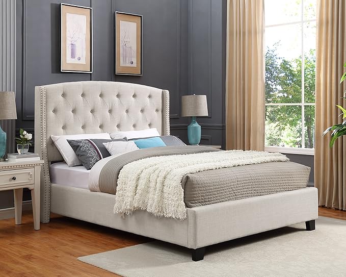 Roundhill Furniture Nantarre Fabric Tufted Wingback Upholstered Bed with Nailhead Trim, King, Tan