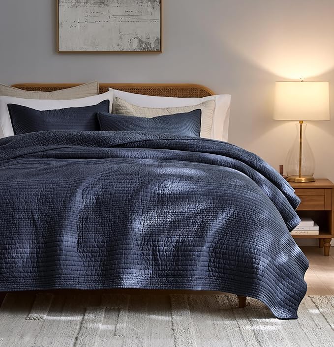 palassio Striped Navy Blue 100% Cotton Quilt King Size Bedding Sets, Lightweight Crinkly Channel Pick Stitch Textured Bedspread Soft Shabby Chic Farmhouse Country Coverlet for All Season, 2 Shams