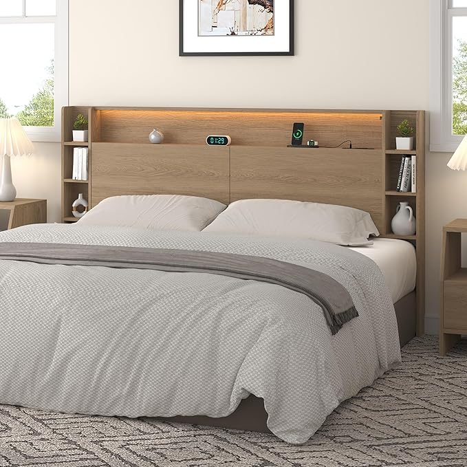 King Headboard Only with Shelves Storage, Headboards with Charging Station 2 USB Ports and LED Light,Sturdy and Stable Modern Sturdy and Stable Wood Bed Board (Natural Oak, King) | Solid wood leg, chargestation, Storage