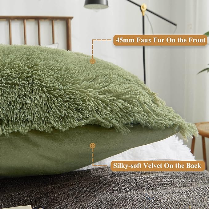XeGe Luxury Shaggy Faux Fur Body Pillow Cover 20x54, Shed-Free Fluffy Long Pillowcase Hidden Zipper, Soft Plush Pillow Sham for Side Sleepers & Pregnancy Support, Aesthetic Room Decor (Sage Green)