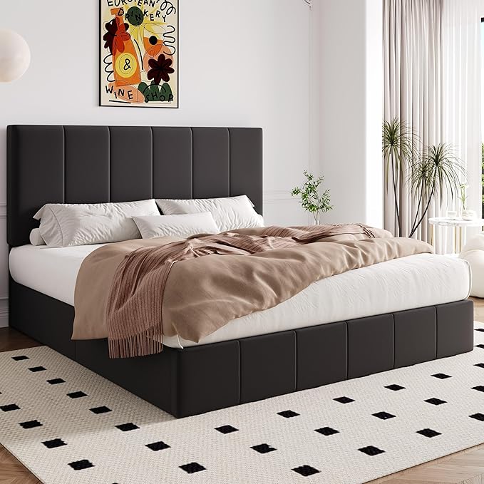 Allewie King Size Velvet Lift Up Storage Bed Frame, Vertical Channel Tufted Headboard, Hydrualic Underneath Storage, Upholstered Platform Bed, Wooden Slats Support, No Box Spring Needed, Black