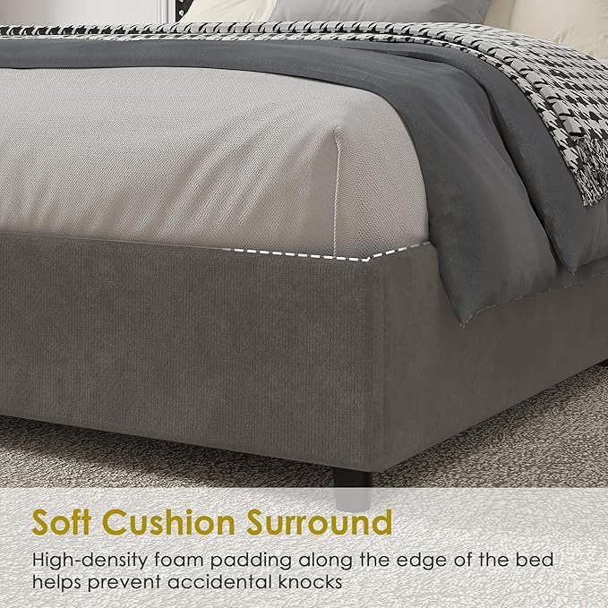 VECELO Full Size Upholstered Bed Frame with 4 Storage Drawers, Adjustable Velvet Rivet Decor Headboard, Wooden Slats Platform Support, No Box Spring Needed, Easy Assembly,Dark Grey