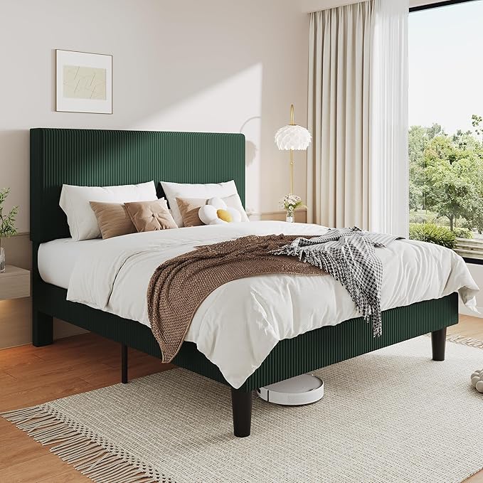Allewie Queen Size Upholstered Bed Frame with Vertical Channel Tufted Headboard, Soft Corduroy Fabric Platform Bed, Strong Wooden Slats Support, Easy Assembly, No Box Spring Needed, Dark Green
