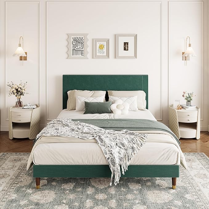 GarveeHome Full Size Bed Frame with Upholstered Headboard and Strong Wooden Slats Support, Soft Corduroy Fabric Platform Bed, No Boxing Spring Needed, Easy Assembly, Dark Green