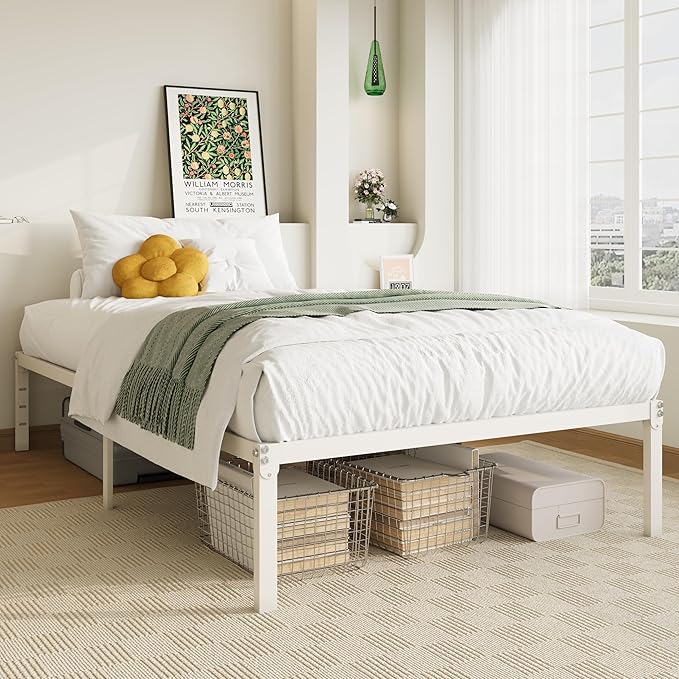 Allewie Twin Bed Frame, 14 inch Metal Platform Beds with Storage Space, No Box Spring Needed and Easy Assembly, White