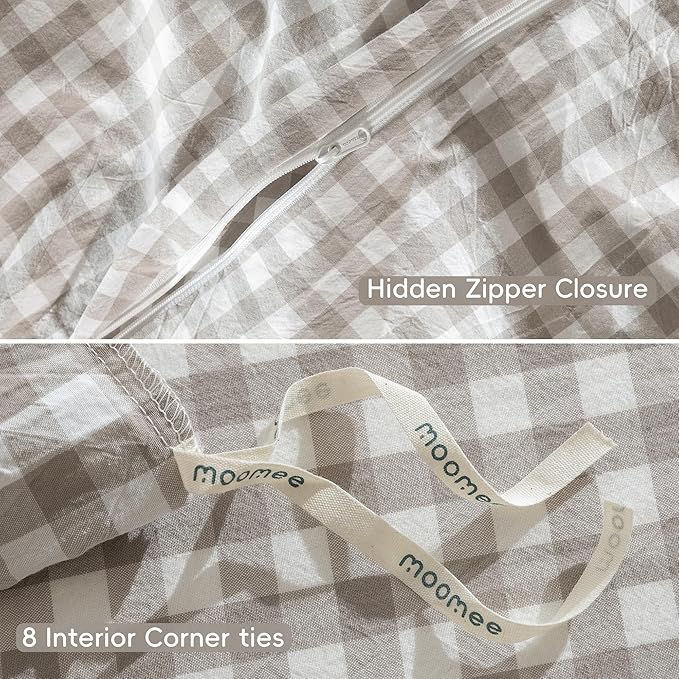 MooMee Gingham Duvet Cover Set 100% Washed Cotton Linen Like Textured Breathable Durable Soft Comfy Modern Checkered Design (Tannish Linen Grey Gingham, Queen 90"x90")