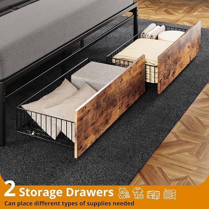 LIKIMIO California King Size Bed Frame, Storage Headboard with Charging Station, Platform Bed with Drawers, No Box Spring Needed, Easy Assembly, Vintage Brown and Black