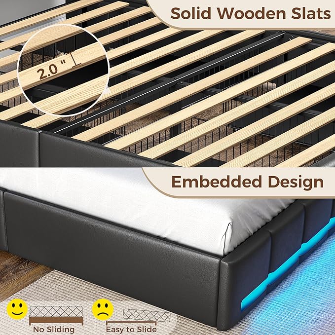 Rolanstar Queen Size Bed Frame with LED Lights and Charging Station, PU Leather Bed Storage Headboard & Drawers, Heavy Duty Wood Slats, Easy Assembly, Black
