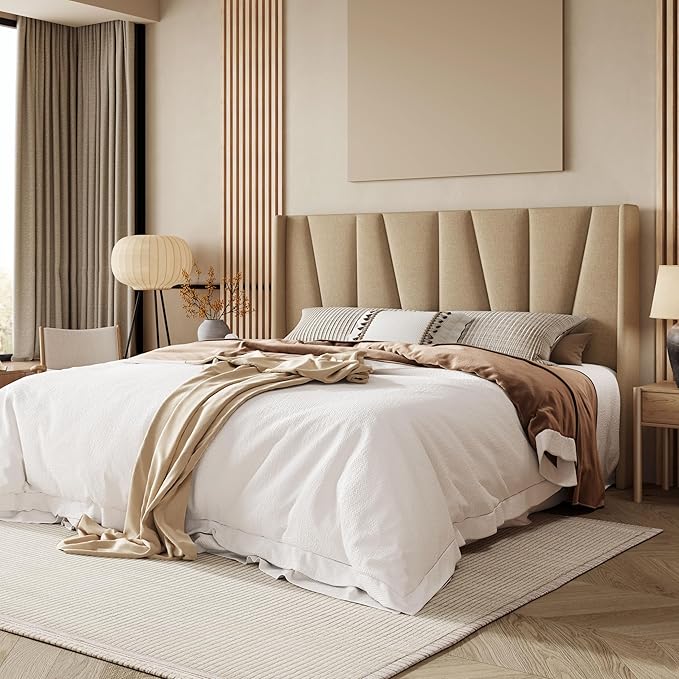 Allewie King Size Platform Bed Frame with Geometric Wingback Headboard, Boho Upholstered Bed with Wooden Slats Support, No Box Spring Needed, Easy Assembly, Beige