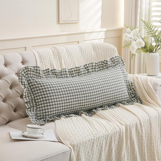 14x36 inches Sage Green Plaid Ruffle Lumbar Pillow Sham 1 Piece, Pure Cotton Gingham Decor Pillowcase French Country Vintage Cushion Cover for Bedding Couch