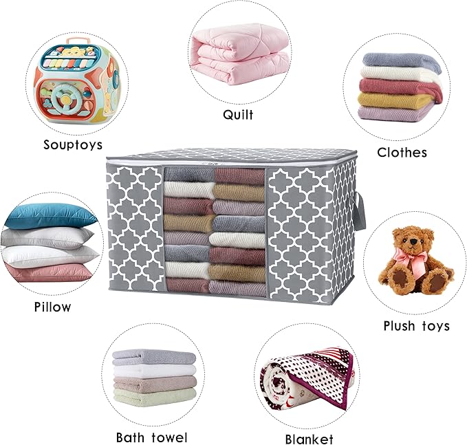 WISELIFE Storage Bags 100L 4-Pack Large Blanket Clothes Organization and Storage Containers for Bedding, Comforters, Foldable Organizer with Reinforced Handle, Clear Window, Sturdy Zippers, Light Grey