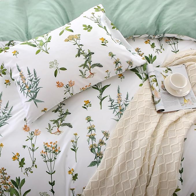 MUXHOMO Duvet Cover King Size, Reversible Floral Green Duvet Cover Set with Zipper Closure, 3 Pieces Botanical Patterns Soft Microfiber Bedding Set with 4 Ties (90"x104", 2 Pillow Cases)