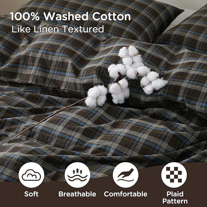 TOCOMOA Buffalo Plaid Duvet Cover Set 100% Washed Cotton Like Linen Feel Super Soft Comfy 3 Piece Brown Blue Gingham Checkered Bedding Comforter Cover Set (Full 90"x90", Comforter Not Included)