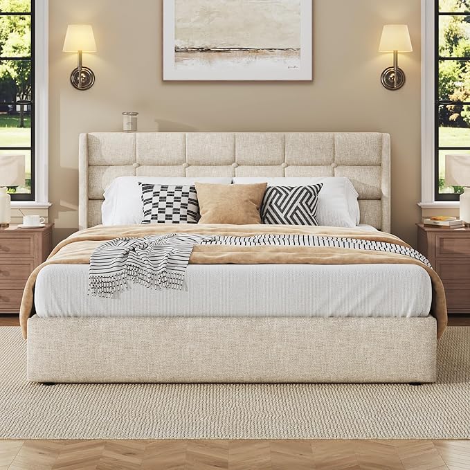 HISOFT Queen Size Lift Up Storage Bed Frame, Linen Upholstered Platform Bed with Wingback Headboard, Heavy Duty Hydraulic Gas Lift Underbed Space, Reinforced Full Metal Slats, Noise Free, Beige