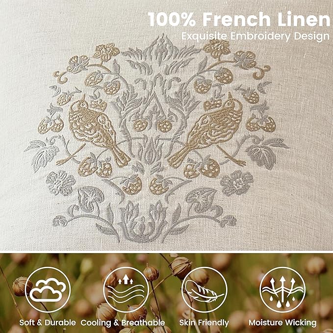 Simple&Opulence 100% Linen Euro Shams 26'' x 26'' Pack of 2, Embroidery Rosefinch Design Natural Flax Farmhouse Decorative Square Throw Pillow Covers for Bed Couch Sofa - Linen