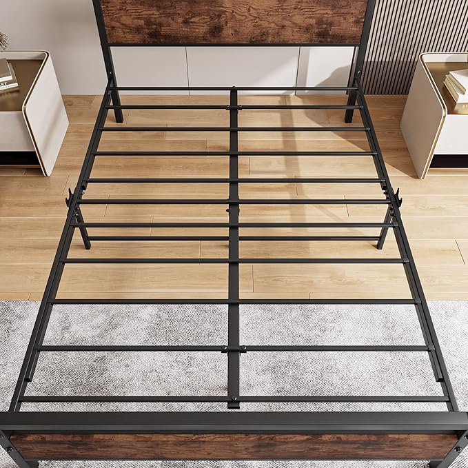 HOJINLINERO Full Size Bed Frame with Headboard, Heavy Duty Platform Bed Frame Full Reinforced Steel Square Tube Platform Strong Slats Support/No Box Spring Needed,Black and Rustic Brown