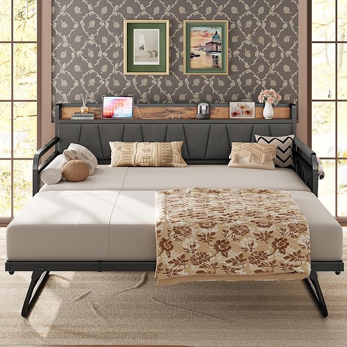 LIKIMIO Twin XL Daybed, Day Bed with Trundle, Storage Upholstered Headboard and Charging Station, Trundle Bed with Strong Supports for Living Room, Bedroom, and Guest Room, Grey