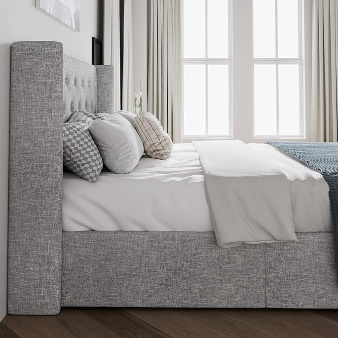 SHA CERLIN Full Size Lift Up Storage Bed Frame,Button Tufted Wingback Headboard,Upholstered Platform,Hydraulic Storage,Wooden Slat Support,No Box Spring,Light Grey