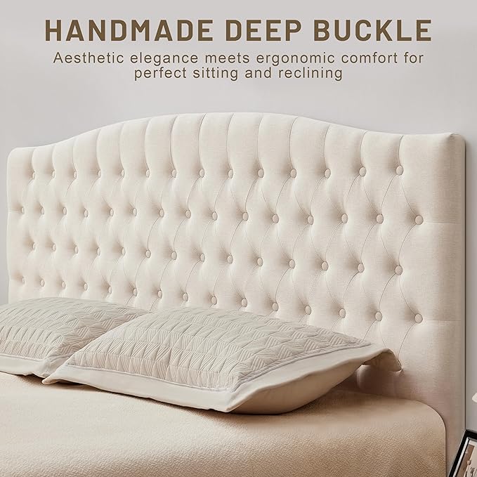 Tufted Upholstered Tall Headboard King Size, Sturdy and Durable Solid Wood Bed headboards, Comfortable Linen Fabric King Headboard Only, Modern Luxury Button Diamond Design Head Board, Beige