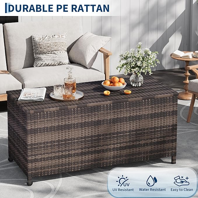 185 Gallon Outdoor Wicker Deck Box, All-Weather Waterproof Patio Storage with PE Rattan Finish & Steel Frame, for Cushions, Garden Tools, Pool Supplies, Lockable Brown Storage Box with Soft-Close Lid