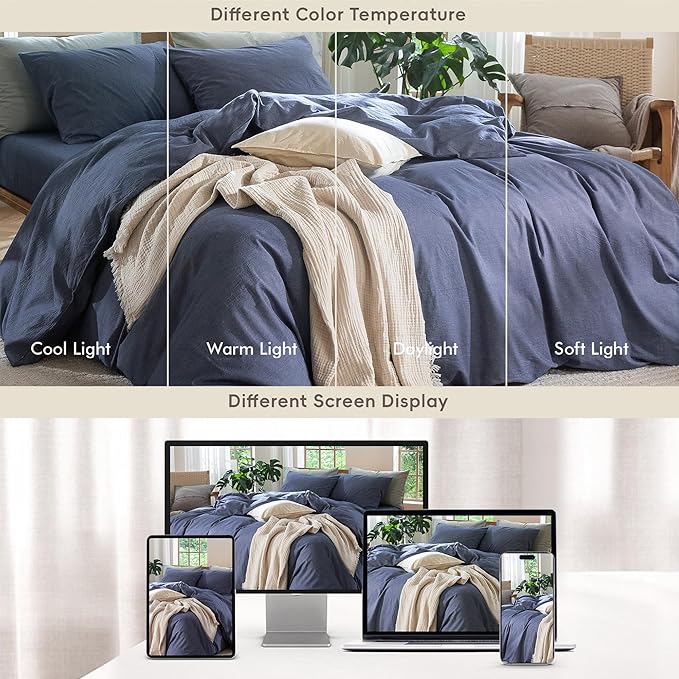 MooMee Bedding Duvet Cover Set 100% Washed Cotton Linen Like Textured Breathable Durable Soft Comfy (Heathered Blue, Super King 108"x98")