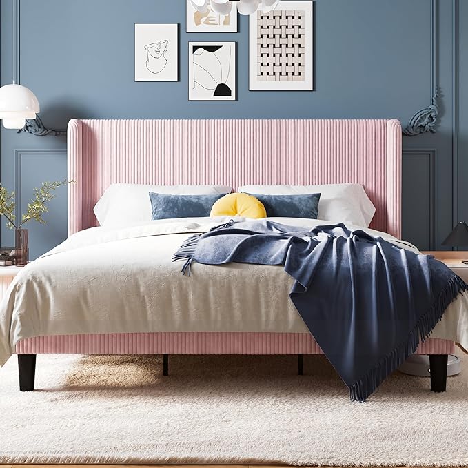 Allewie King Size Bed Frame with Upholstered Wingback Headboard, Vertical Channel Tufted Corduroy Velvet Platform Bed, Strong Wooden Slats Support, No Box Spring Needed, Easy Assembly, Light Pink