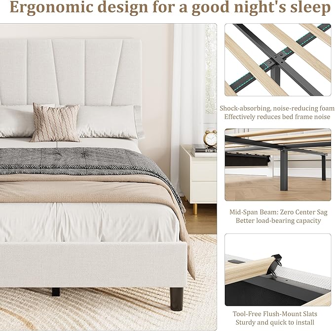 Twin Size Upholstered Platform Bed Frame with Adjustable Headboard for Kids, Fits 8-14 Inch Mattress, Heavy Duty Bed Frame with Wooden Slats Support, Noise-Free, Non-slip, No Box Spring Needed