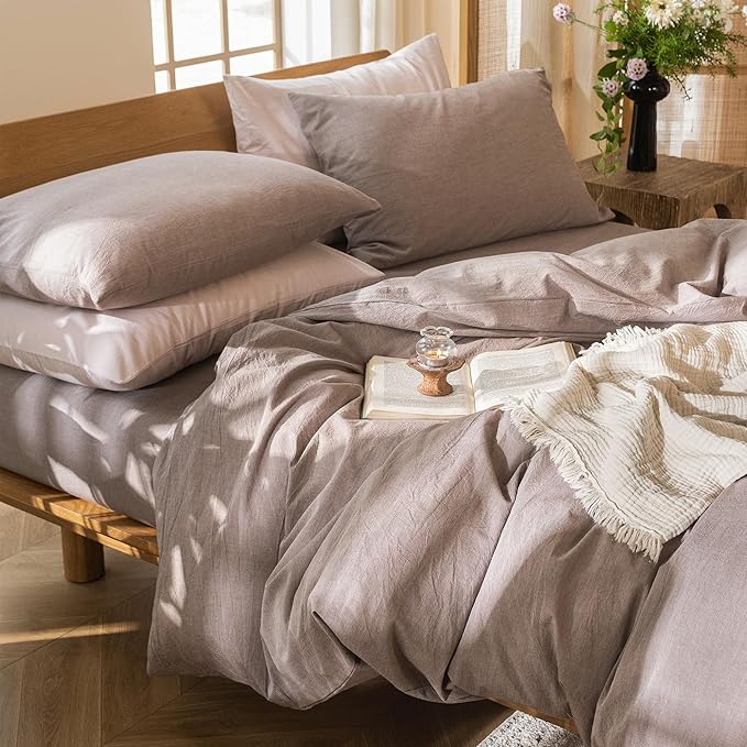 MooMee Bedding Duvet Cover Set 100% Washed Cotton Linen Like Textured Breathable Durable Soft Comfy (Heathered Mauve Brown, King 104"x90")
