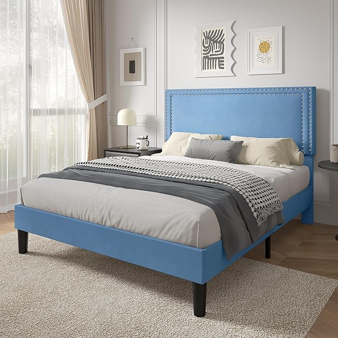 VECELO Queen Size Platform Bed Frame with Height Adjustable Upholstered Headboard, Modern Mattress Foundation,Strong Wood Slat Support, No Box Spring Needed, Easy Assembly,Light Blue