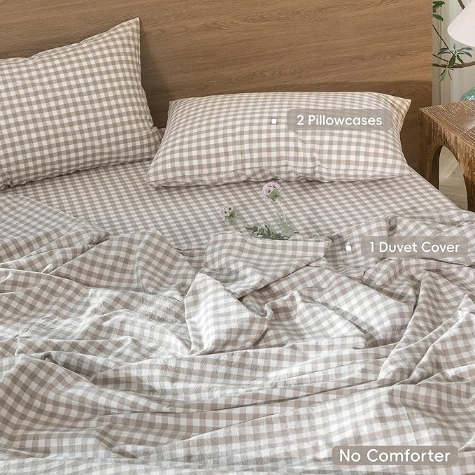 MooMee Gingham Duvet Cover Set 100% Washed Cotton Linen Like Textured Breathable Durable Soft Comfy Modern Checkered Design (Tannish Linen Grey Gingham, Queen 90"x90")