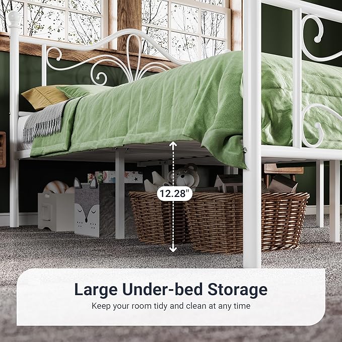 Allewie Twin Size Bed Frame for Kids,Metal Bed Frame with Butterfly Pattern Design Headboard and Footboard,No Box Spring Needed,Easy Assembly,White