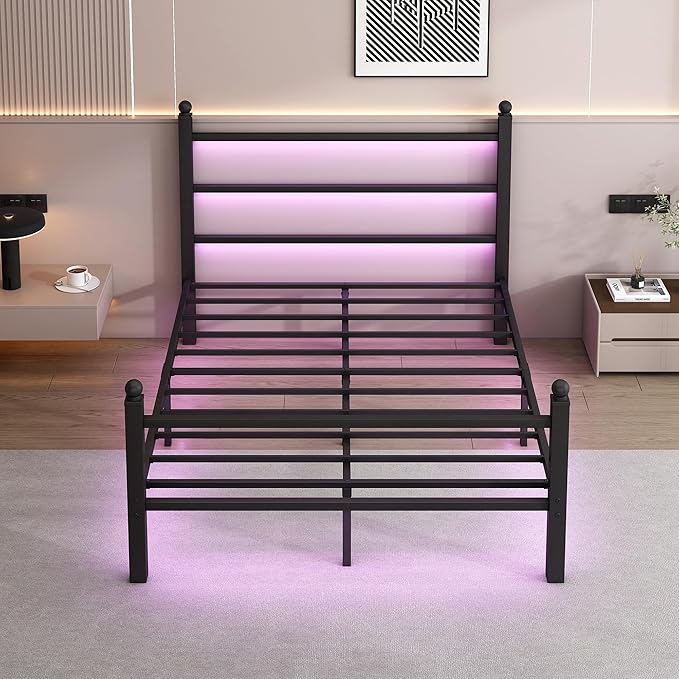 CLIBFENG Full Size Bed Frame with Headboard and Footboard,Steel Slats Support-LED Bed Frame with USB Charging Station,Mattress Foundation-Under Bed Storage, No Box Spring Needed,Noise Free,Black